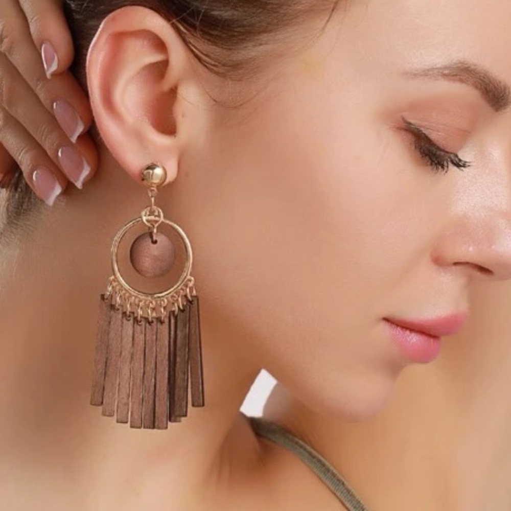Boho Bamboo Wooden Fringe Statement Earrings | | Gold Tone Hoop Dangle Earrings